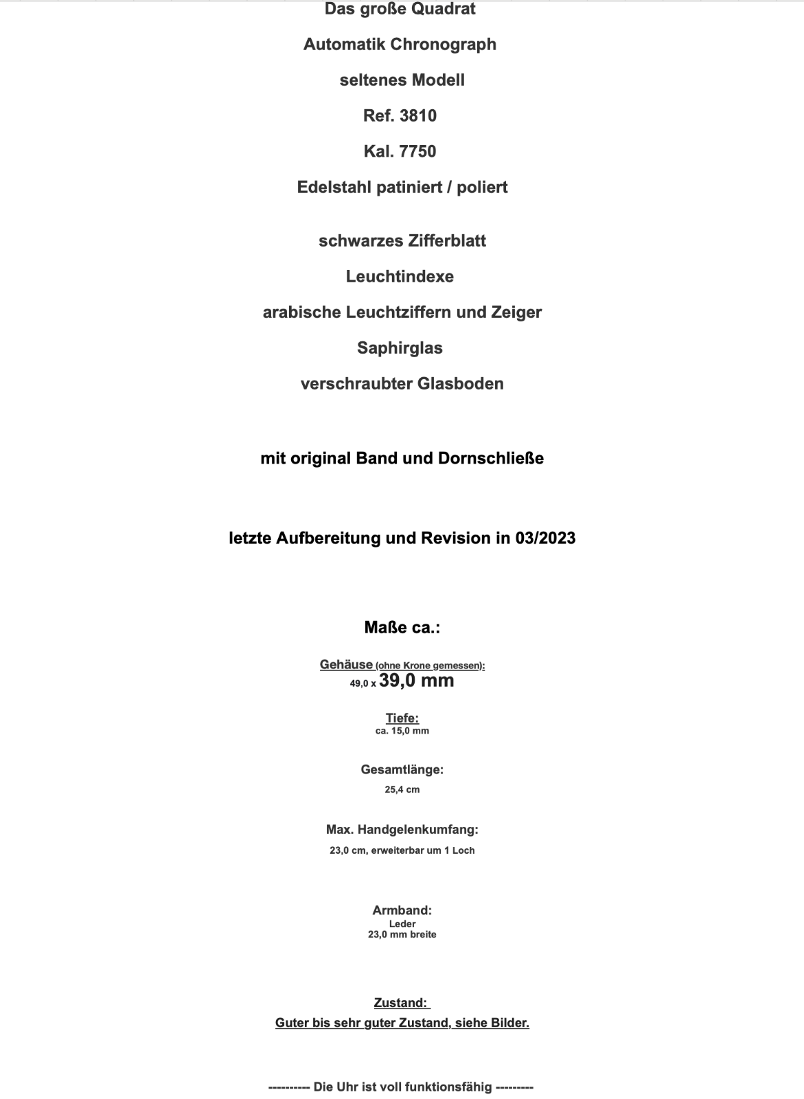 Glycine Le Grand Carré Automatik Chronograph 49x39 mm Ref. 3810 Cal. 7750 Stahl - Antikhandel-Stuttgart