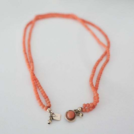 Antike 2 Reihige Lachsfarbe Korallen Kette coral Kugel vergoldet 45 cm Ø 5,5 mm - Antikhandel-Stuttgart