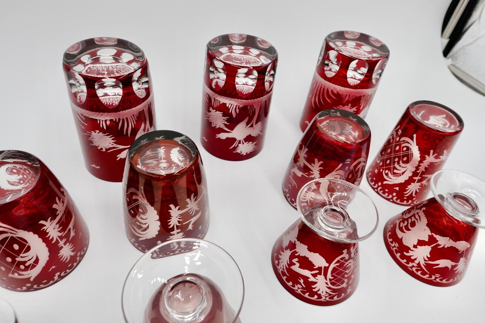 11x Jugendstil Gläser rubinrot Becher Glas EGERMANN Tierwelt um 1900 - Antikhandel-Stuttgart