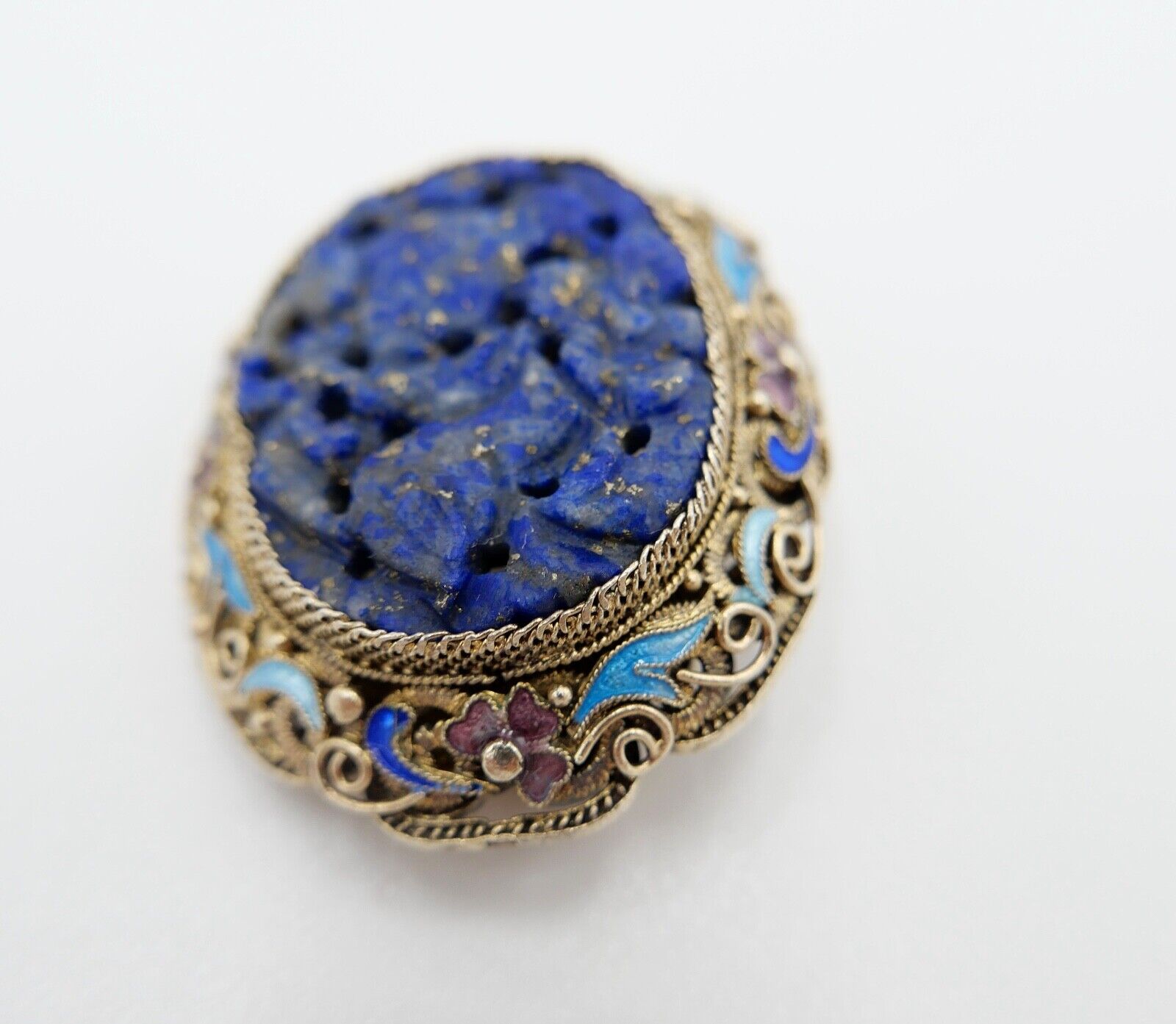 Lapislazuli Lapis Lazuli Brosche Emaille Silber vergoldet 1960er Jahre China - Antikhandel-Stuttgart