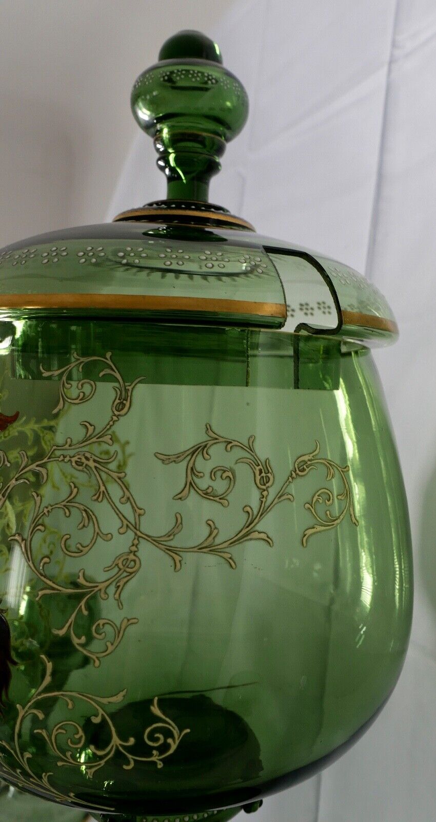 Antike Weinrömer Gläser Pokal XXL Bowle Set grün Emaille RAR Goldrand 53cm 1900 - Antikhandel-Stuttgart