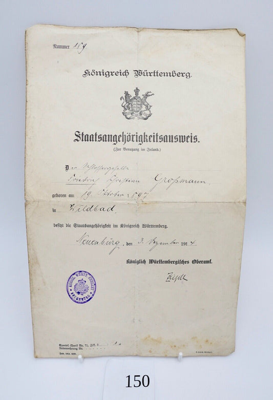 Königreich Württemberg Staatsangehörigkeitsnachweis 1914 - Antikhandel-Stuttgart