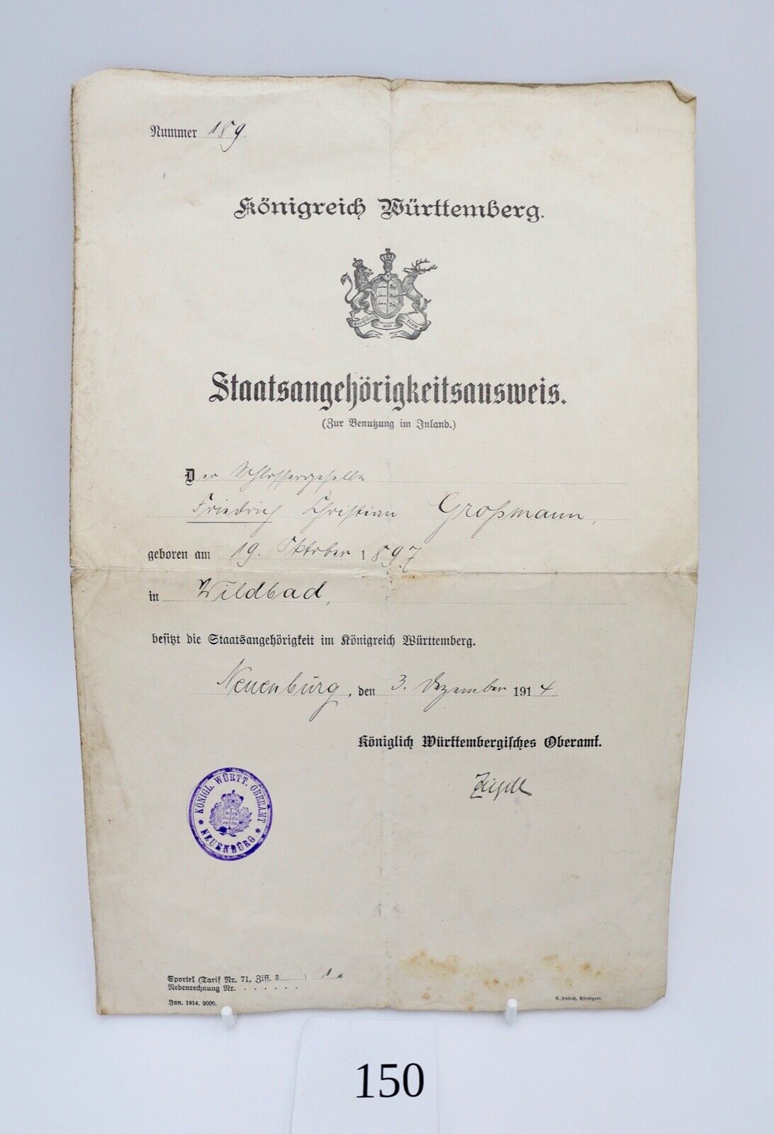 Königreich Württemberg Staatsangehörigkeitsnachweis 1914 - Antikhandel-Stuttgart