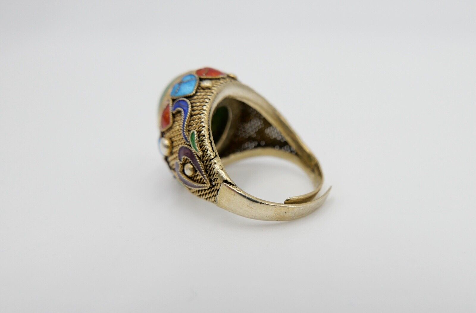 60er Jahre Silber Ring vergoldet Emaille Jade Cabochon Gr. 55 China Silver - Antikhandel-Stuttgart