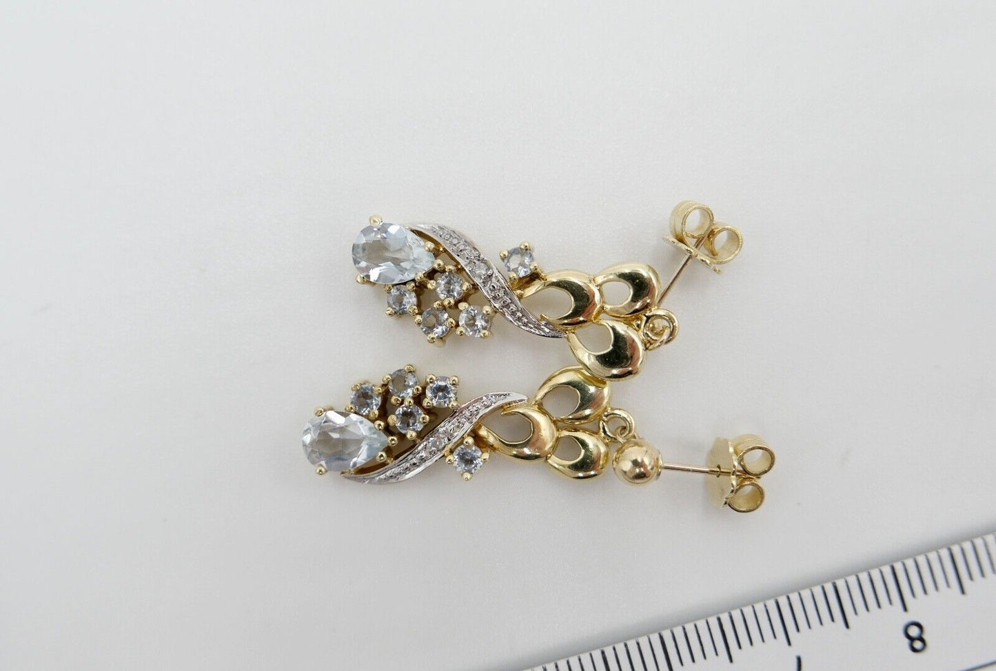 80er Jahre Ohrringe Ohrhänger GOLD 585 / 14K mit Aquamarin und Quarz - Antikhandel-Stuttgart