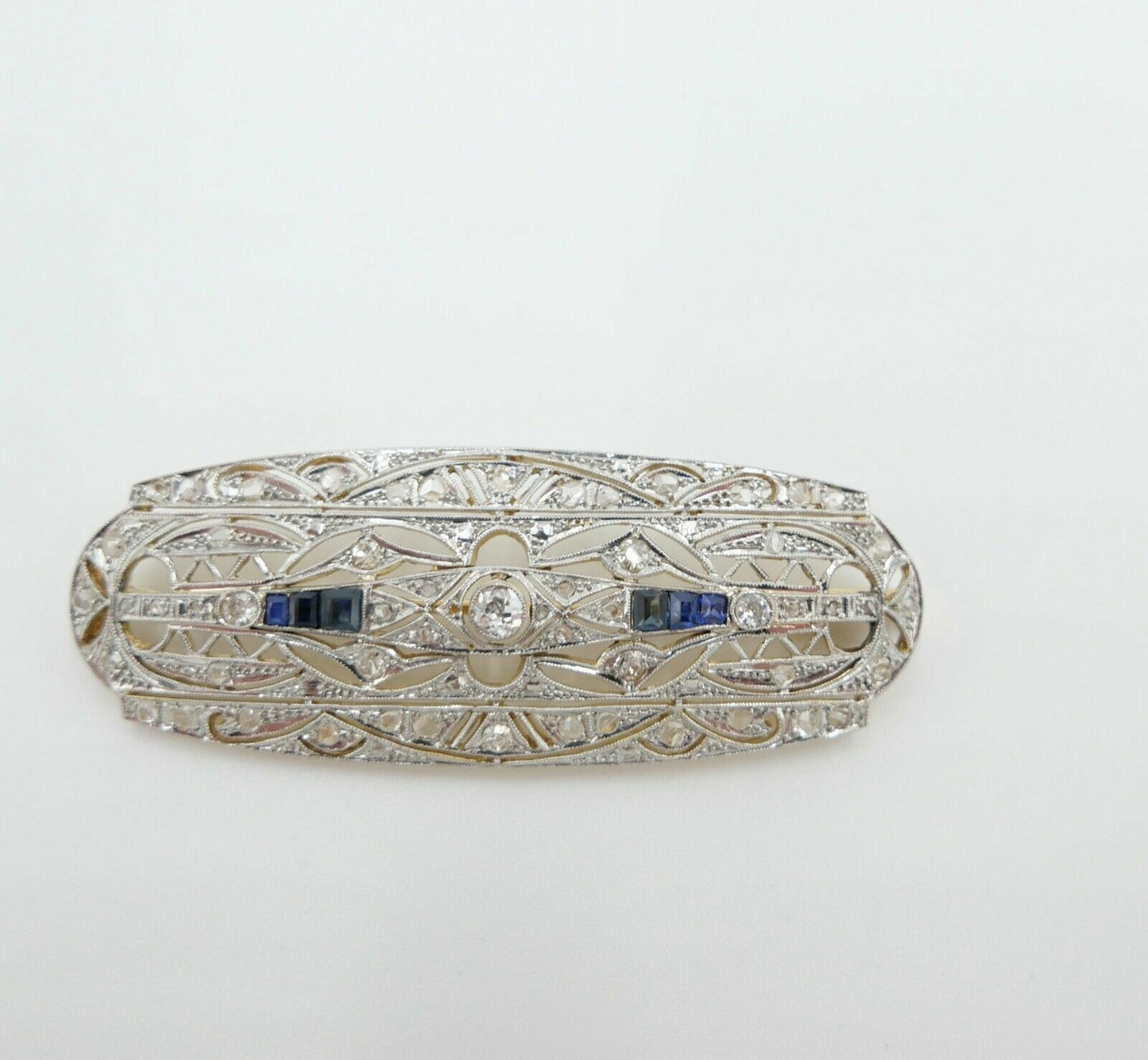 Art Deco 20er Brosche Gold Platin mit 6 Saphiren 55 Diamanten 1,8 Ct 750 18K - Antikhandel-Stuttgart