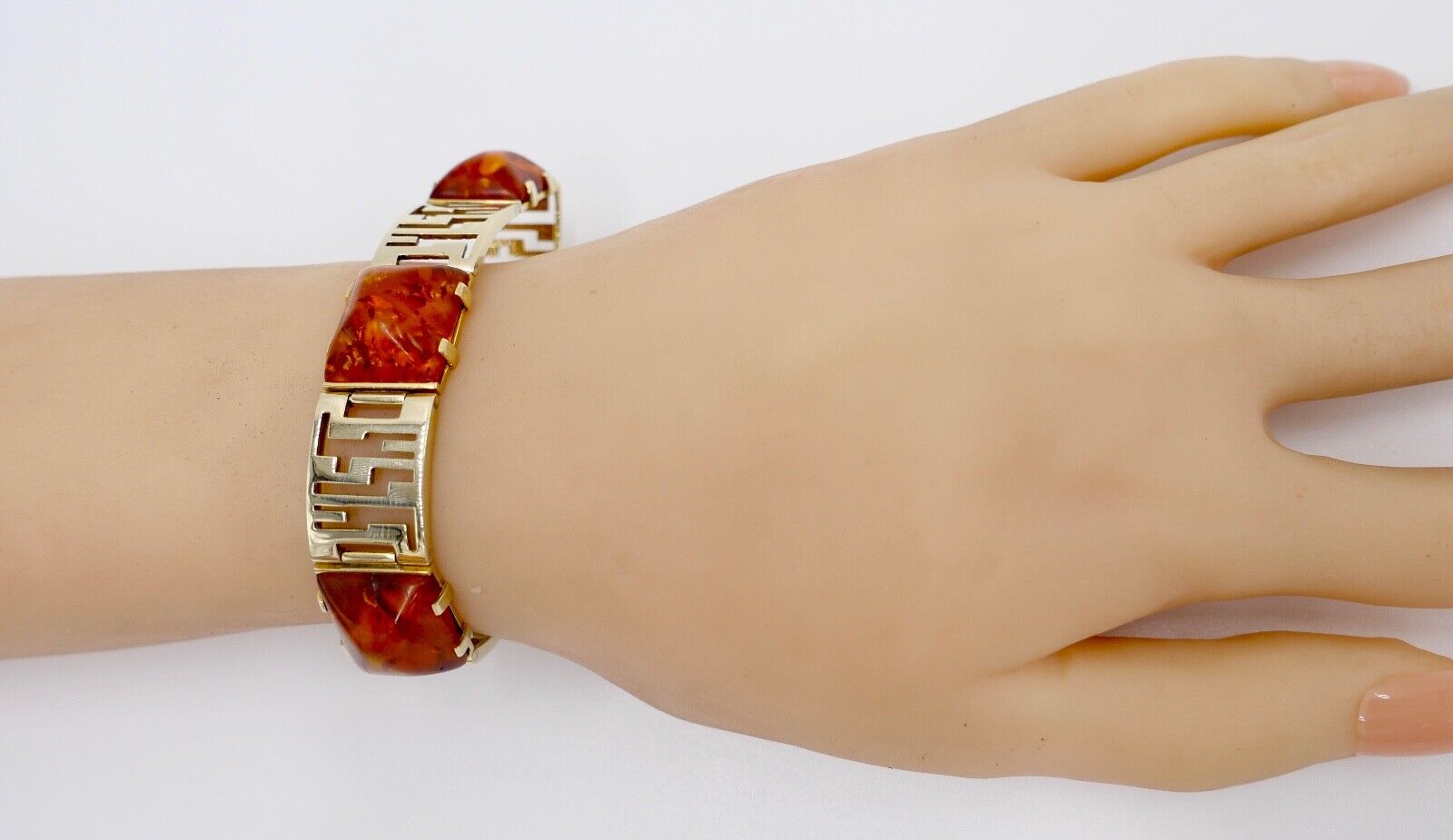 1980er Bernstein Armband Armschmuck 333 / 8K Gelb Gold Amber 18,5 cm - Antikhandel-Stuttgart