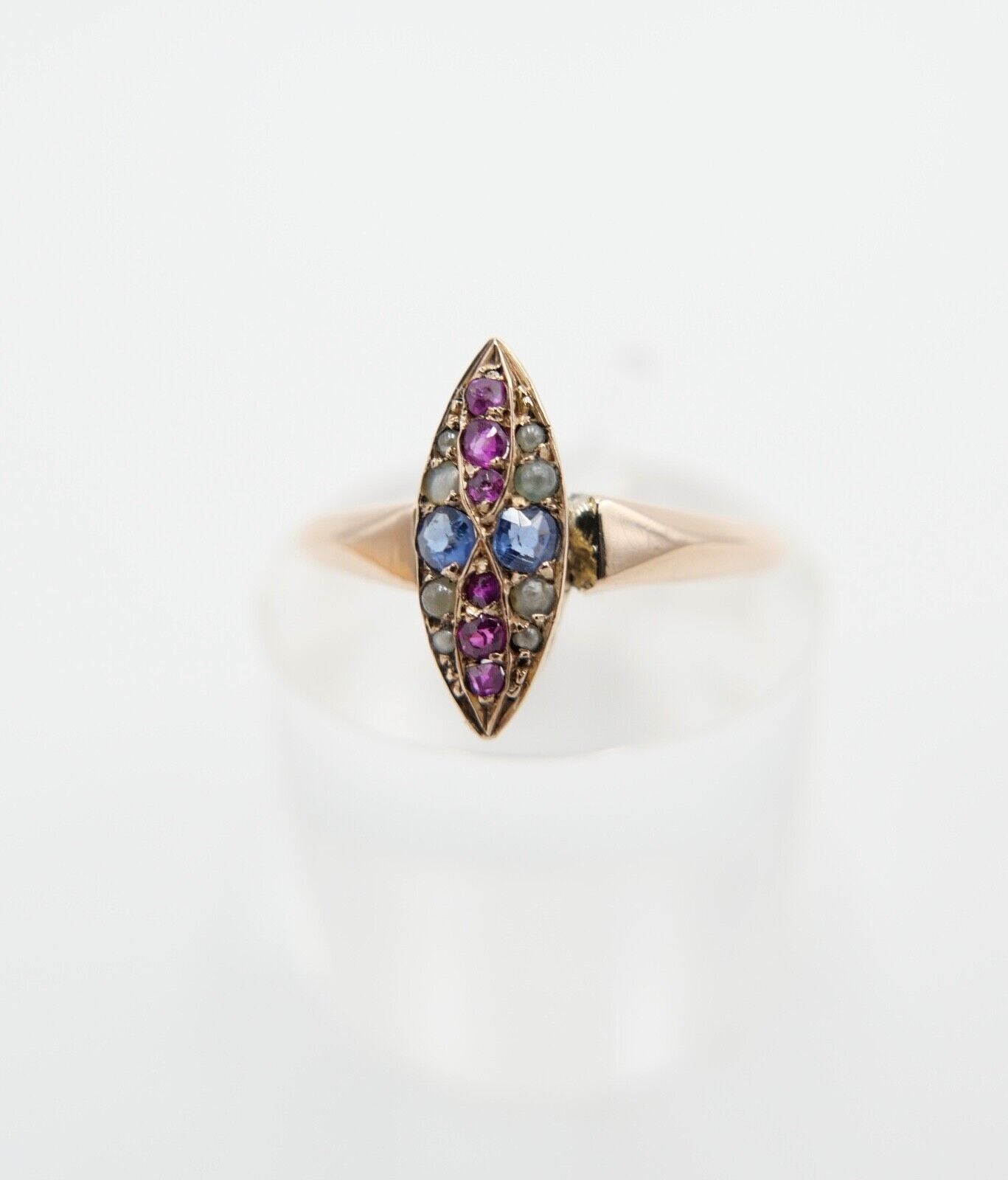 Antiker Damen Rotgold Ring 585 / 14K Gr. 53 Navette Saatperle Rubin syn. Spinell - Antikhandel-Stuttgart