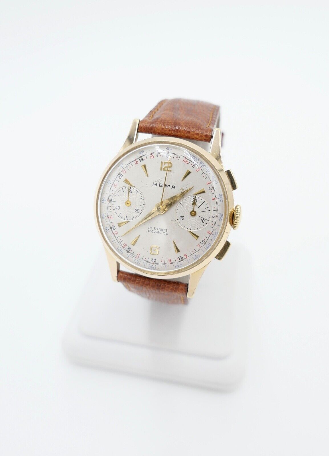 HEMA Chronograph Cal. Landeron 248 Herren Armbanduhr Handaufzug Ø 34mm neus Band - Antikhandel-Stuttgart