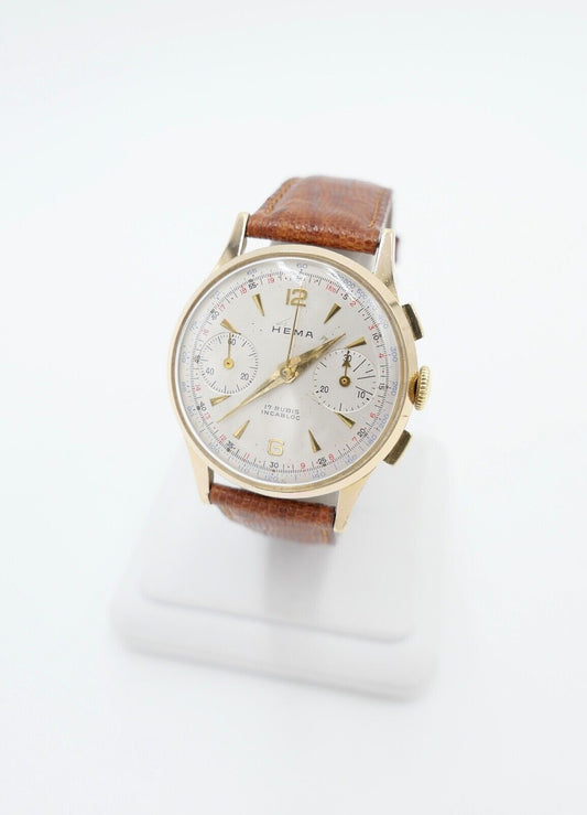 HEMA Chronograph Cal. Landeron 248 Herren Armbanduhr Handaufzug Ø 34mm neus Band - Antikhandel-Stuttgart