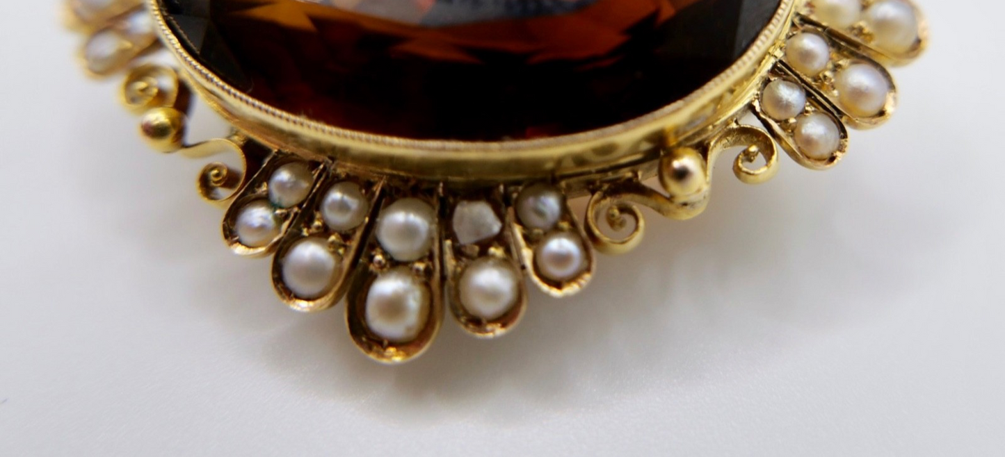 Große antike Brosche Gelbgold 585 14K Rauchquarz Saatperlen viktorianisch 40 ct