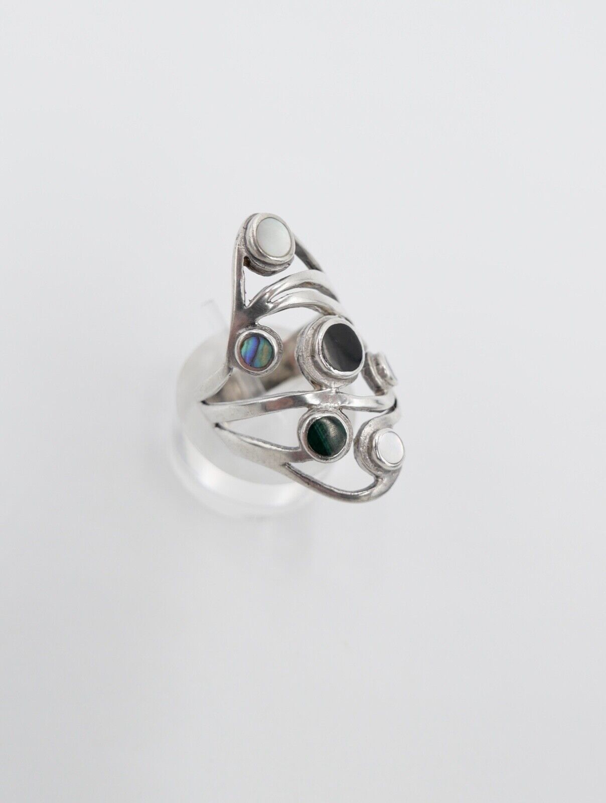 80er Silberrring Damen Statement Ring Gr. 60 Silber 925 Türkis Malachit Perlmutt - Antikhandel-Stuttgart