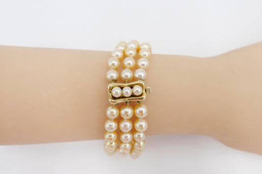 dreireihiges Perlenarmband 40,8 g Zuchtperlen 21 cm Gold 585 / 14K pearl Ø 7 mm - Antikhandel-Stuttgart