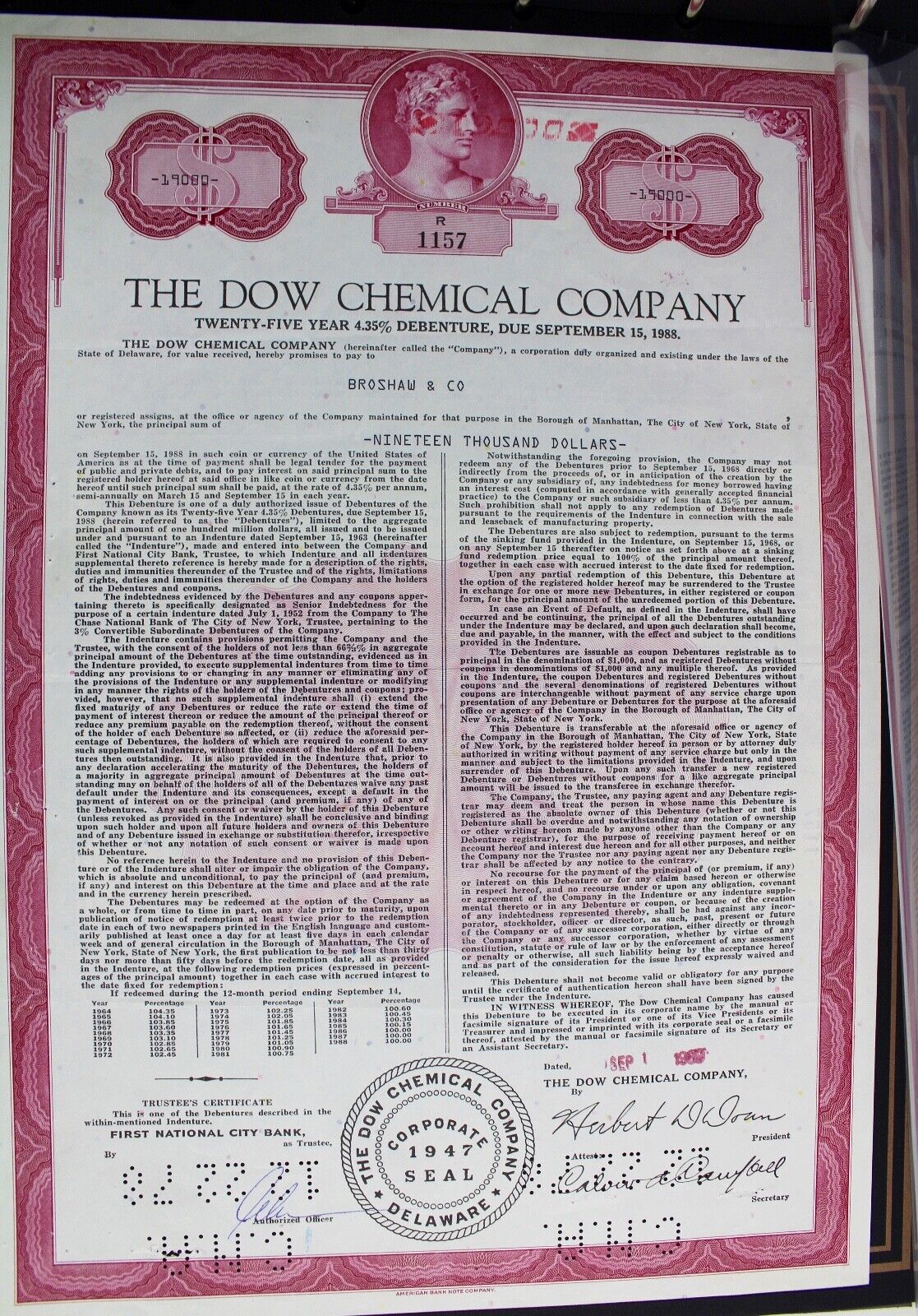 The Dow Chemical Company 1970er alte USA Aktie Stock Certificate 19,000 Dollars - Antikhandel-Stuttgart