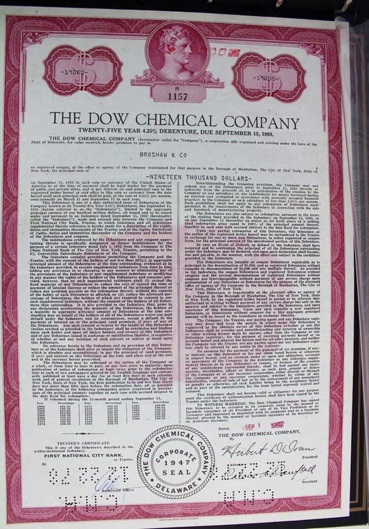 The Dow Chemical Company 1970er alte USA Aktie Stock Certificate 19,000 Dollars - Antikhandel-Stuttgart