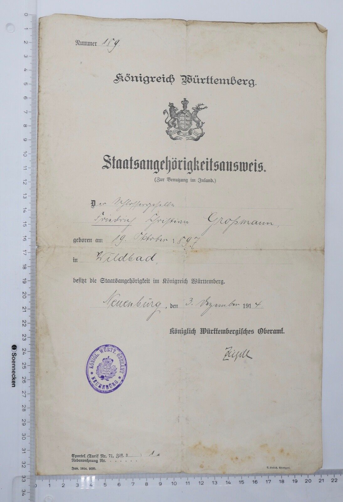 Königreich Württemberg Staatsangehörigkeitsnachweis 1914 - Antikhandel-Stuttgart