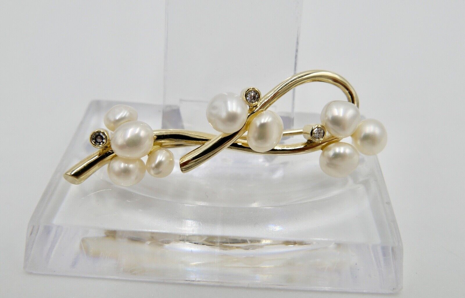 1980er Jahre Gold Perlen Diamant Brosche 585 14K HGA 46 mm - Antikhandel-Stuttgart
