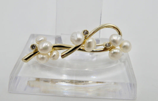 1980er Jahre Gold Perlen Diamant Brosche 585 14K HGA 46 mm - Antikhandel-Stuttgart