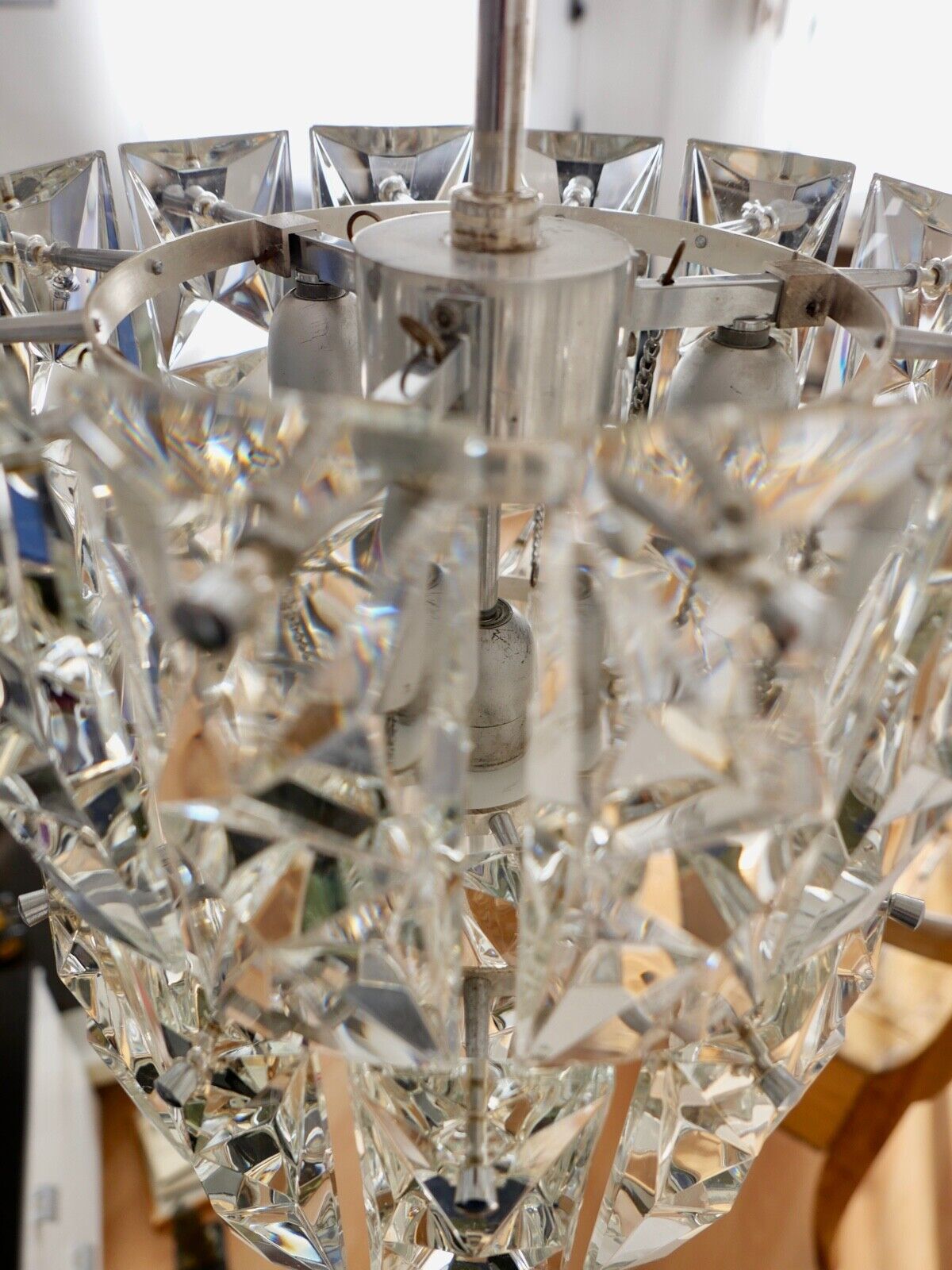 1960er tief hängende KINKELDEY Kristall Deckenleuchte Deckenlampe Lüster 122cm - Antikhandel-Stuttgart