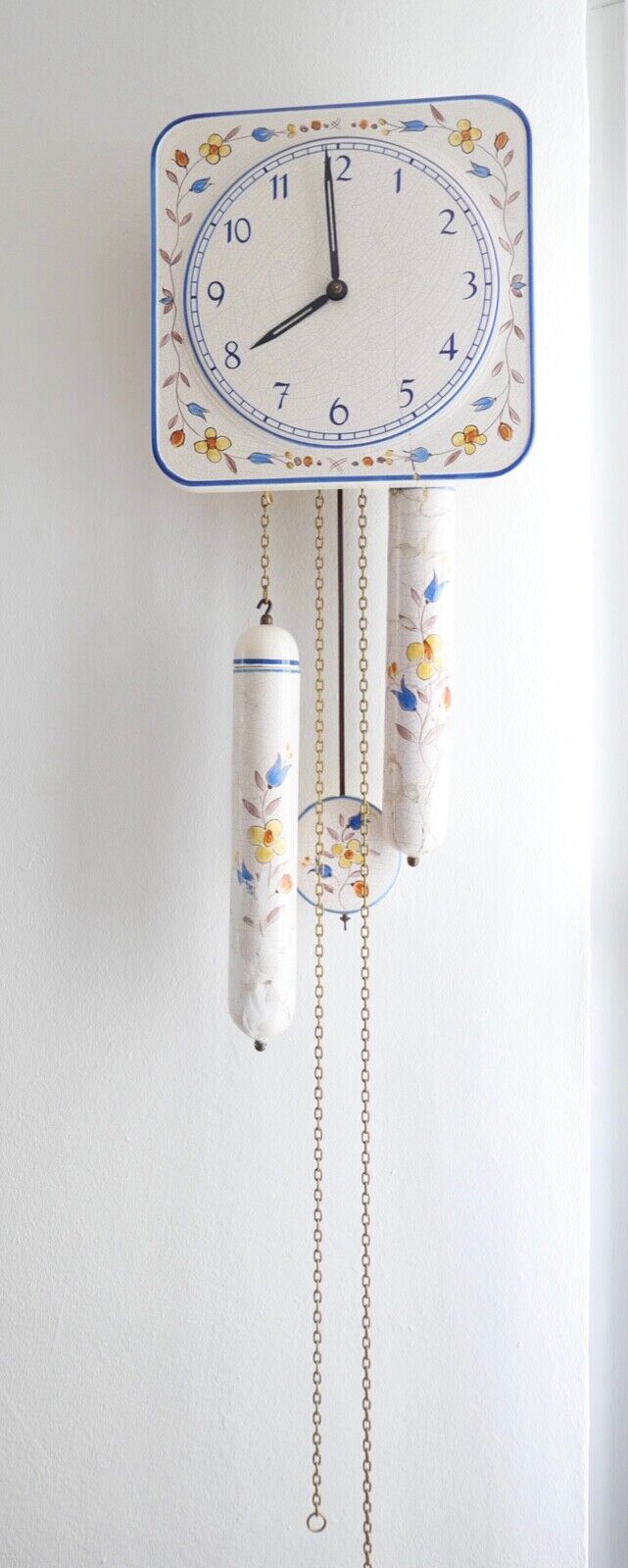 50er Porzellan Wanduhr 94/24 475 Gewichte Blumendekor Pendeluhr Junghans W 248 - Antikhandel-Stuttgart