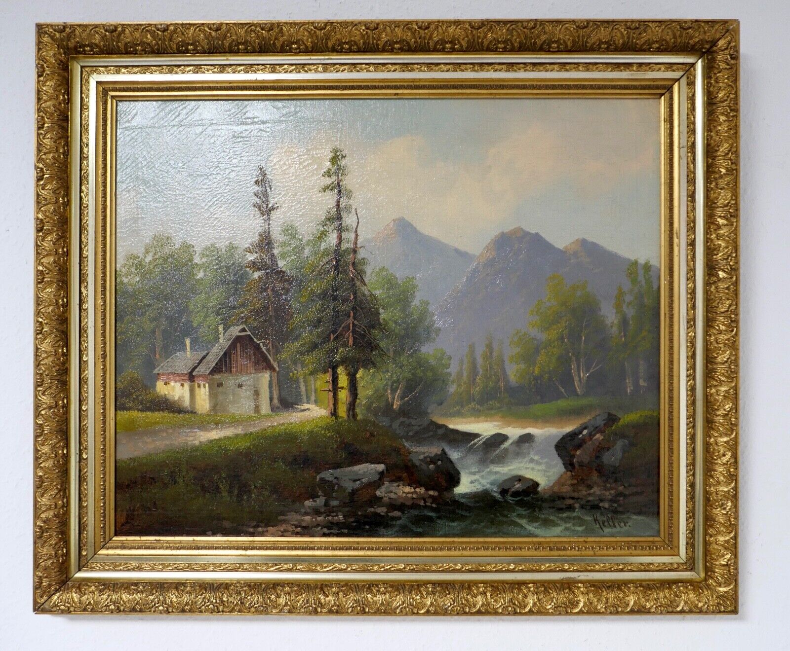 Gemälde Bach / Wald / Berg Landschaft Öl auf Leinwand Prunkrahmen 85x72cm KELLER - Antikhandel-Stuttgart