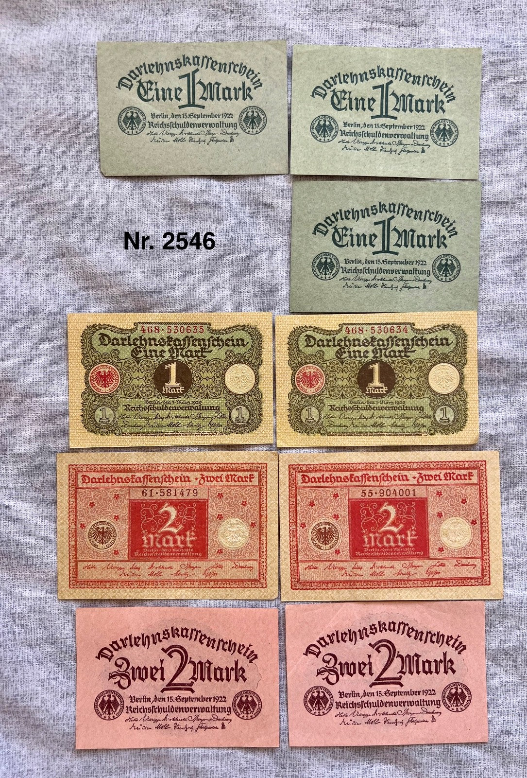 9x  1  & 2 Mark Darlehnskassenschein Banknote 1920 & 1922 UNC Ro. 73 74 64 65