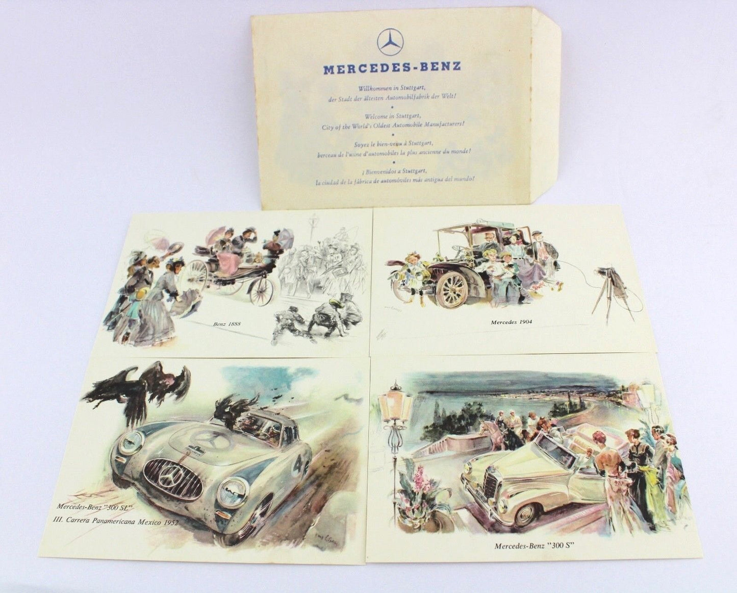 4 seltene Alte Künstler Postkarten Mercedes Benz MB Oldtimer OVP 1960er Jahre - Antikhandel-Stuttgart