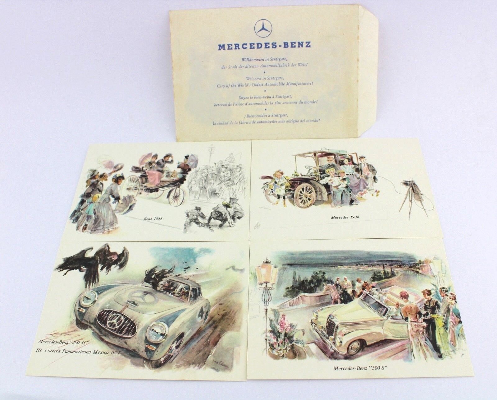 4 seltene Alte Künstler Postkarten Mercedes Benz MB Oldtimer OVP 1960er Jahre - Antikhandel-Stuttgart