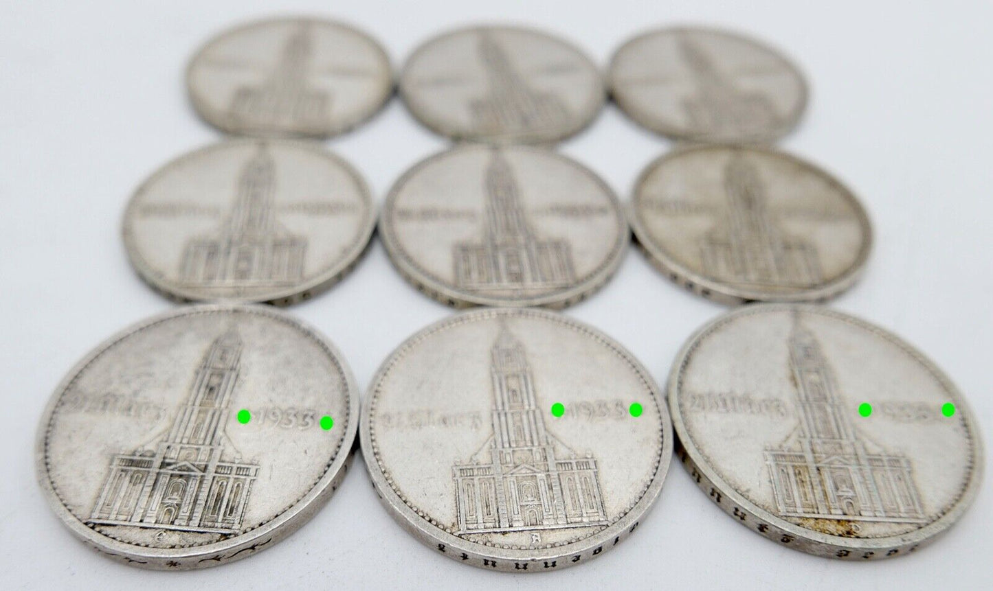 9x 5 Reichsmark 900 Silbermünzen J. 356 Garnisonskirche Datum 1934 aus Münzrolle - Antikhandel-Stuttgart
