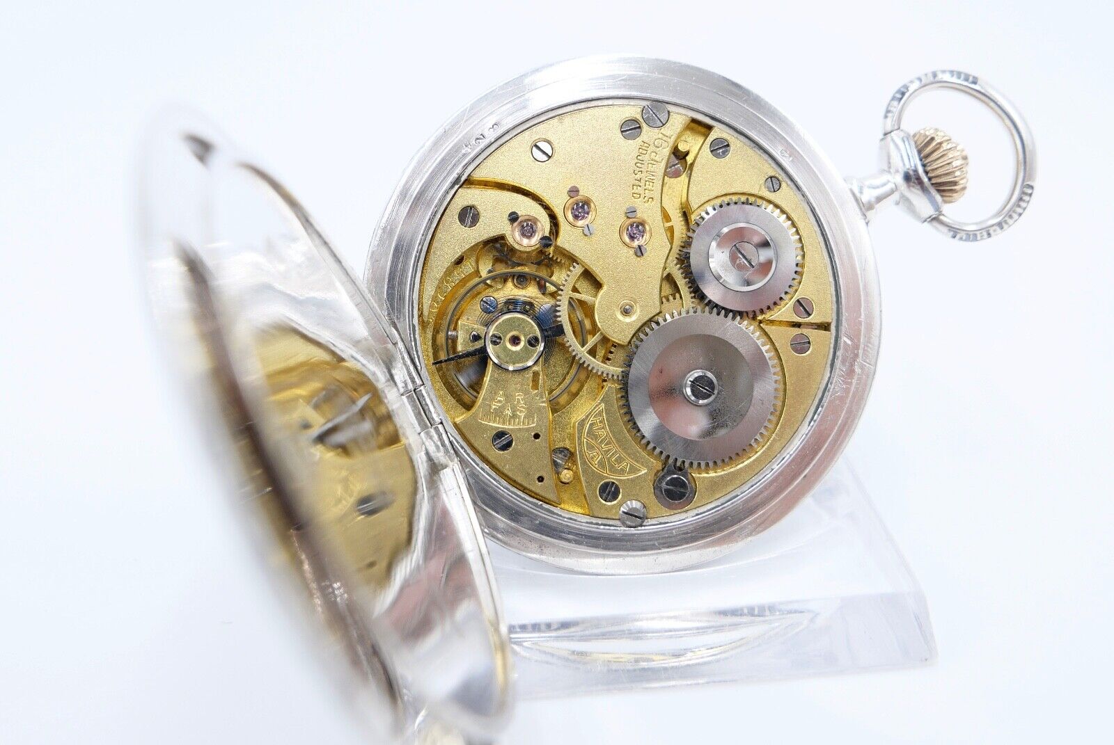 1901-1949 ART DECO SAVONETTE Taschenuhr HAVILA pocket watch Halbmond Krone Silbe - Antikhandel-Stuttgart