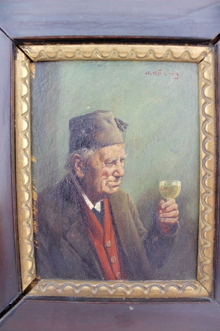 " HEIN KÖNIG " Bild Öl Gemälde Portrait Mann mit Weinglas 32x29 cm Gerahmt - Antikhandel-Stuttgart