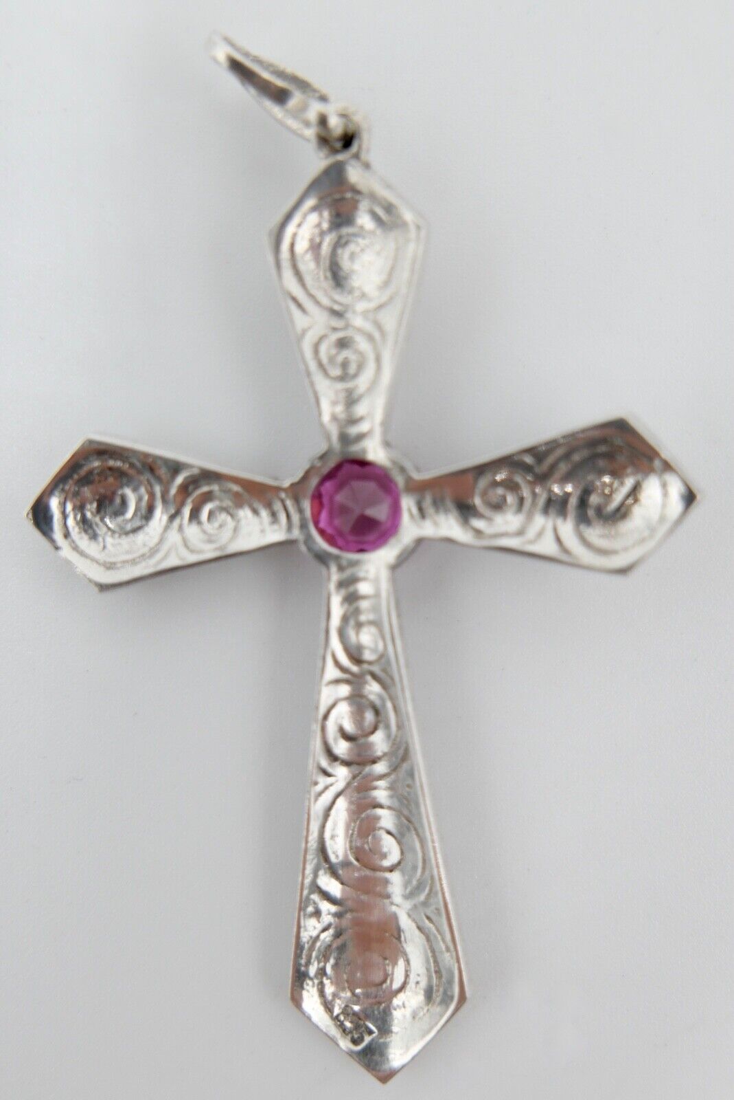 alter filigraner Kreuz Anhänger mit rosa Glasstein 835 Silber 62,0 mm - Antikhandel-Stuttgart
