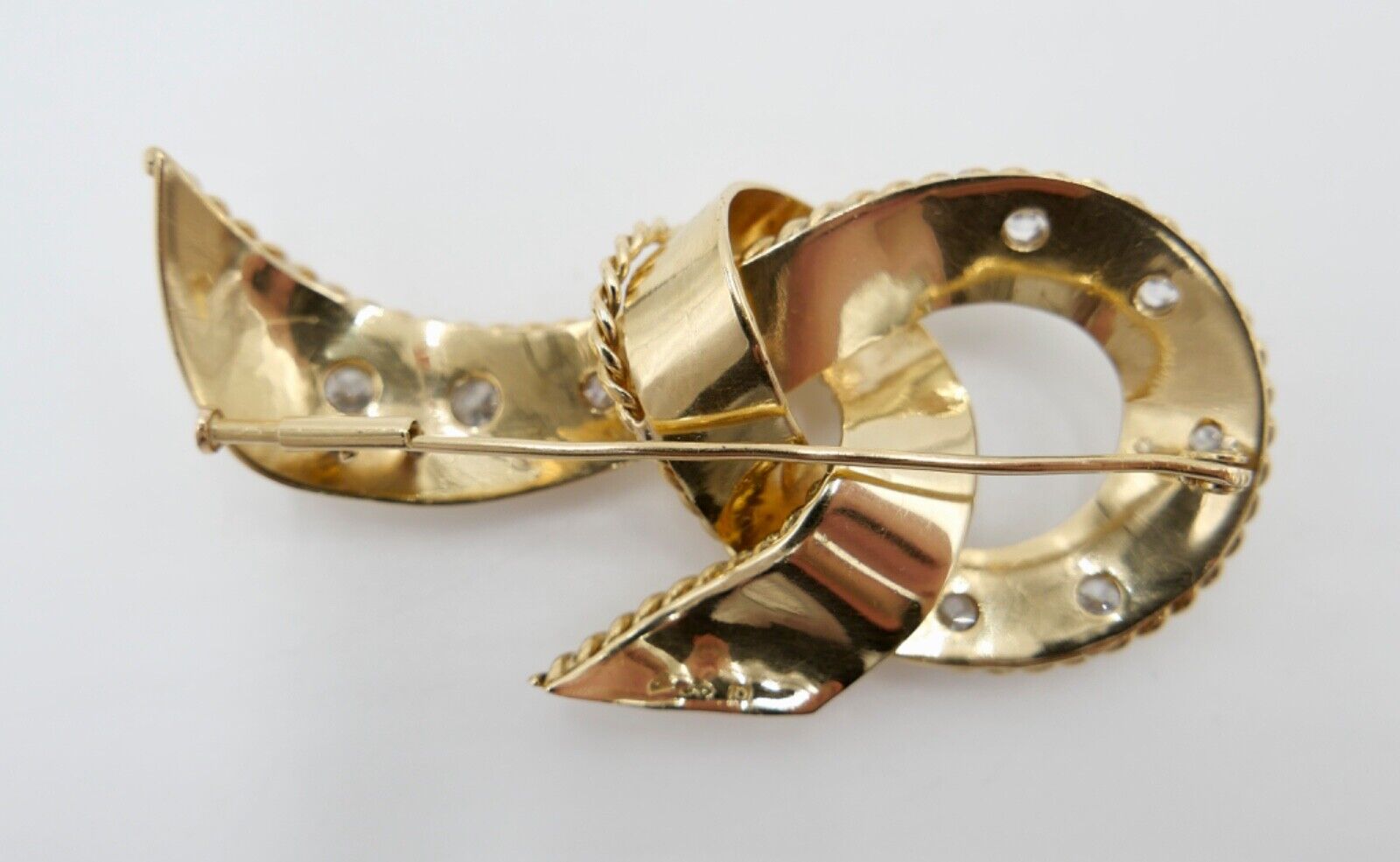 Große alte Schleifen Brosche 750 18K Gelbgold 1,34 Ctw Brillanten 66mm Punze SF - Antikhandel-Stuttgart