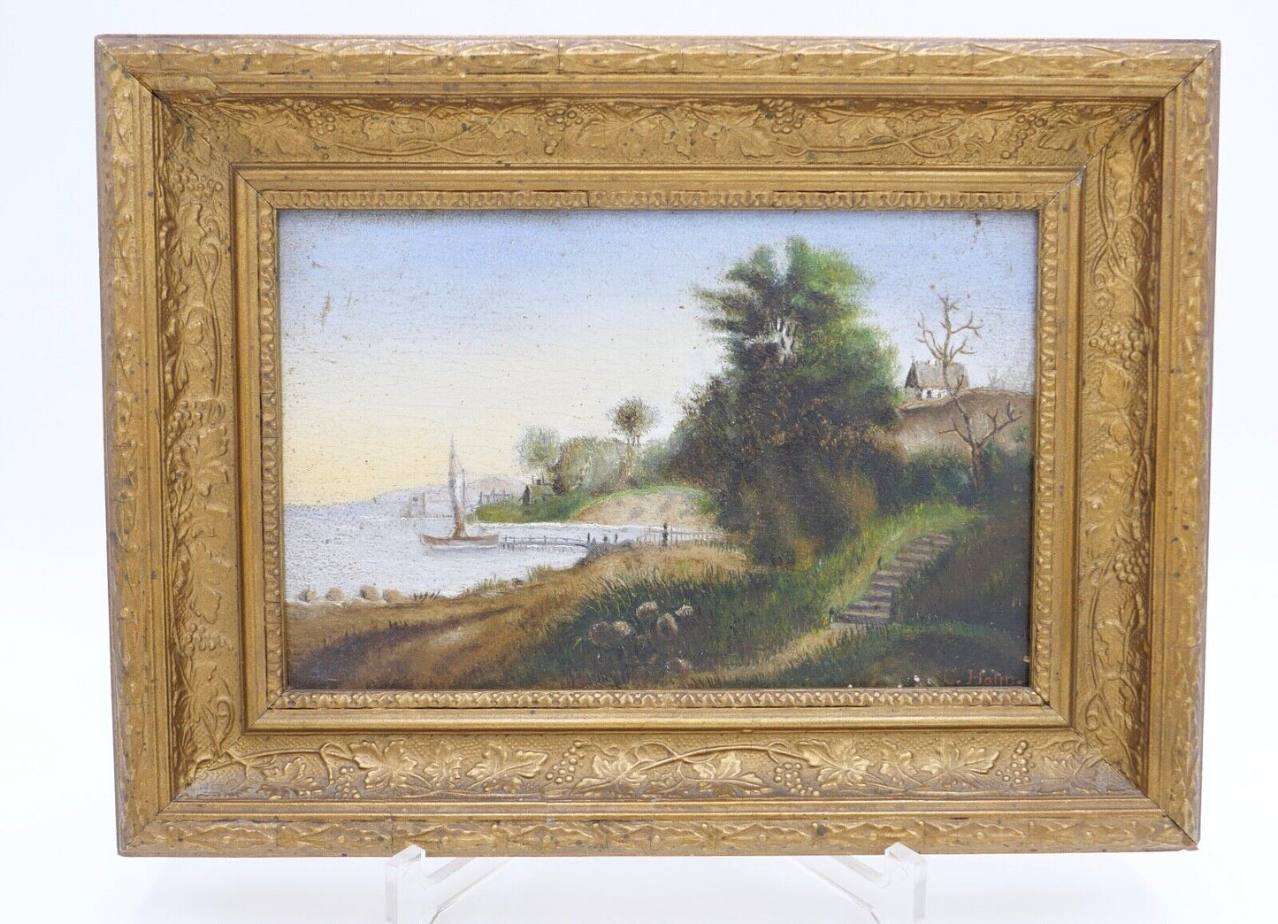 kleines Ölgemälde Öl auf Holz sig. C. Halm Landschaft Dünen Hafen very. Dänemark - Antikhandel-Stuttgart