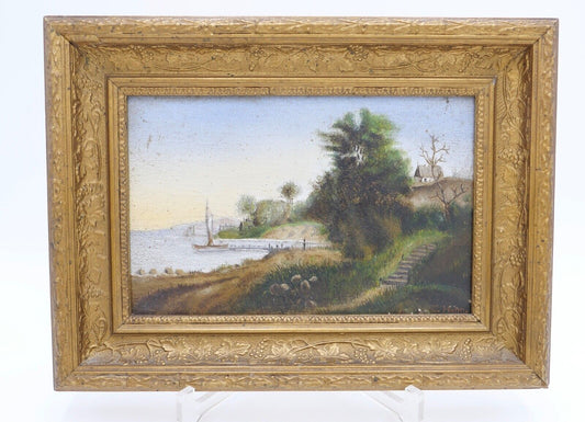 kleines Ölgemälde Öl auf Holz sig. C. Halm Landschaft Dünen Hafen very. Dänemark - Antikhandel-Stuttgart