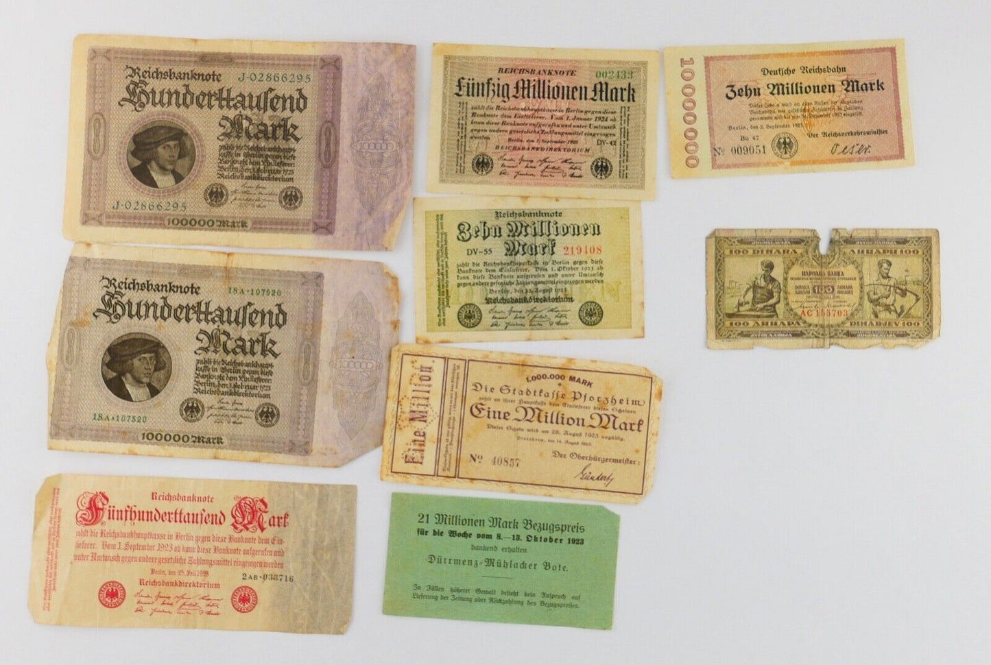 53 Scheine Inflation Posten Konvolut Geldscheine RO. Banknoten Mark Dinar - Antikhandel-Stuttgart