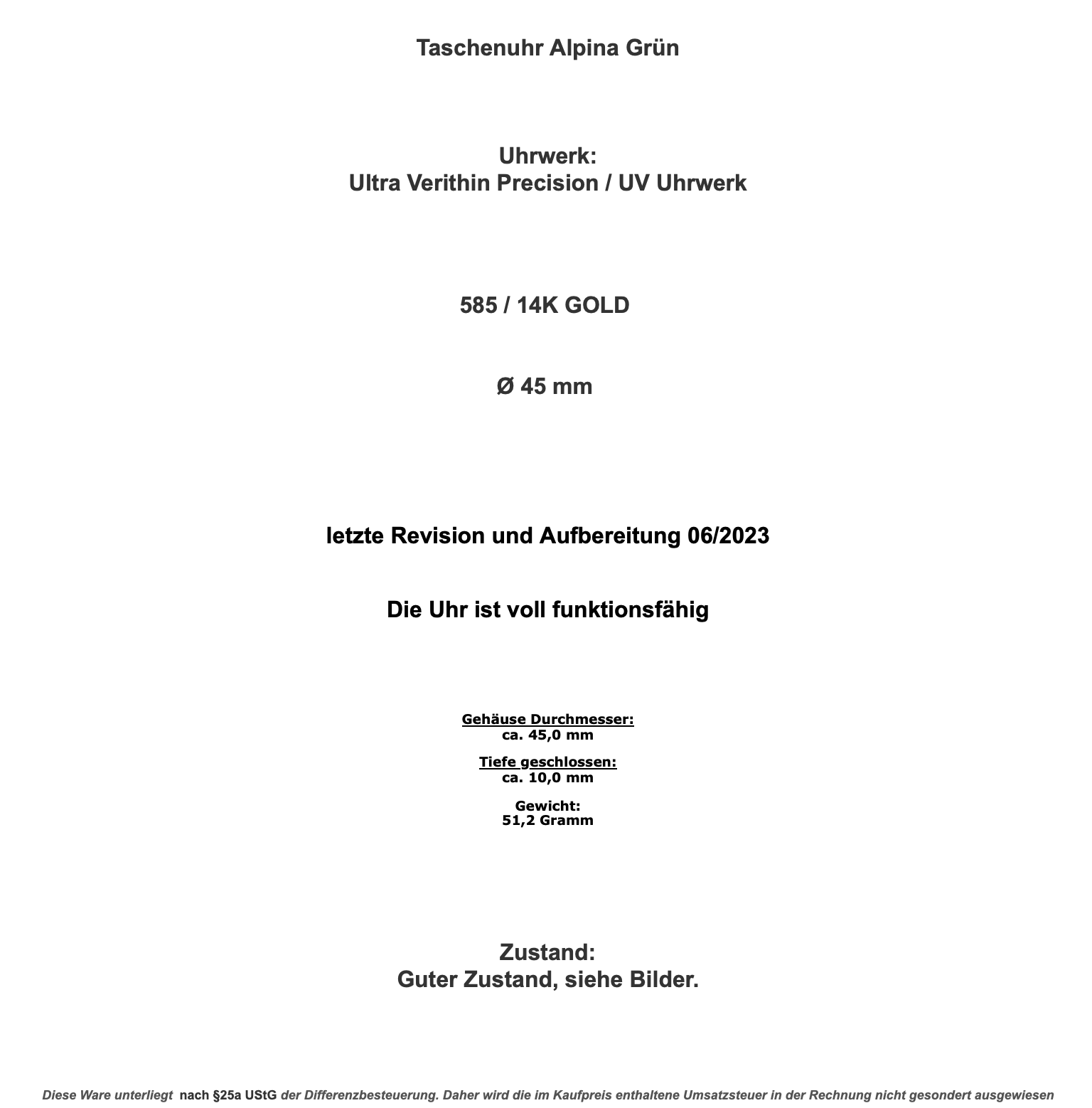 Taschenuhr Alpina Grün 585 / 14K GOLD 45mm Ultra Verithin Precision / UV Uhrwerk - Antikhandel-Stuttgart