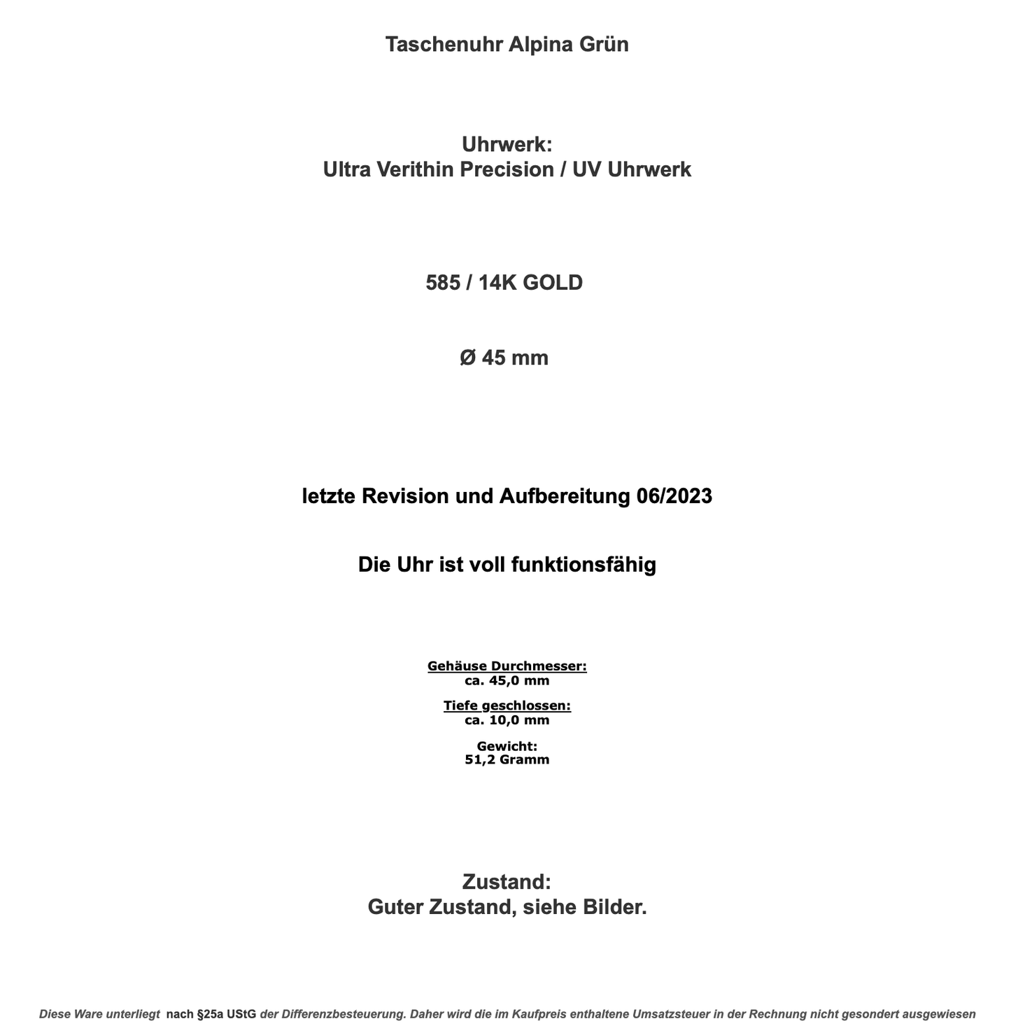 Taschenuhr Alpina Grün 585 / 14K GOLD 45mm Ultra Verithin Precision / UV Uhrwerk - Antikhandel-Stuttgart