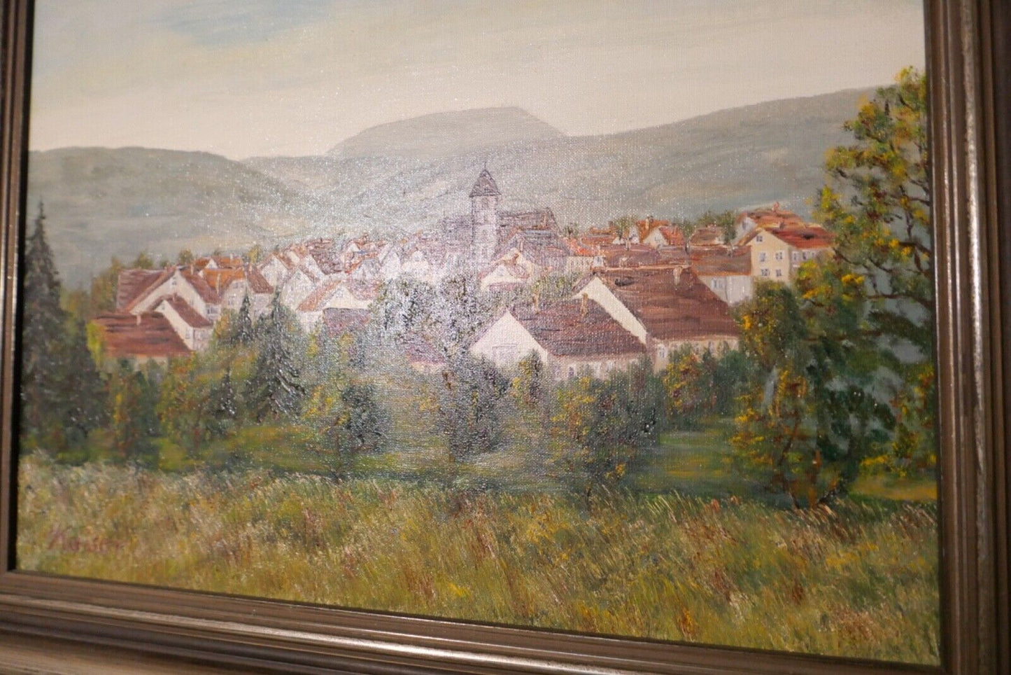 schönes Ölgemälde Tal Landschaft Dorf signiert Hugo Kaiser 62x50cm - Antikhandel-Stuttgart