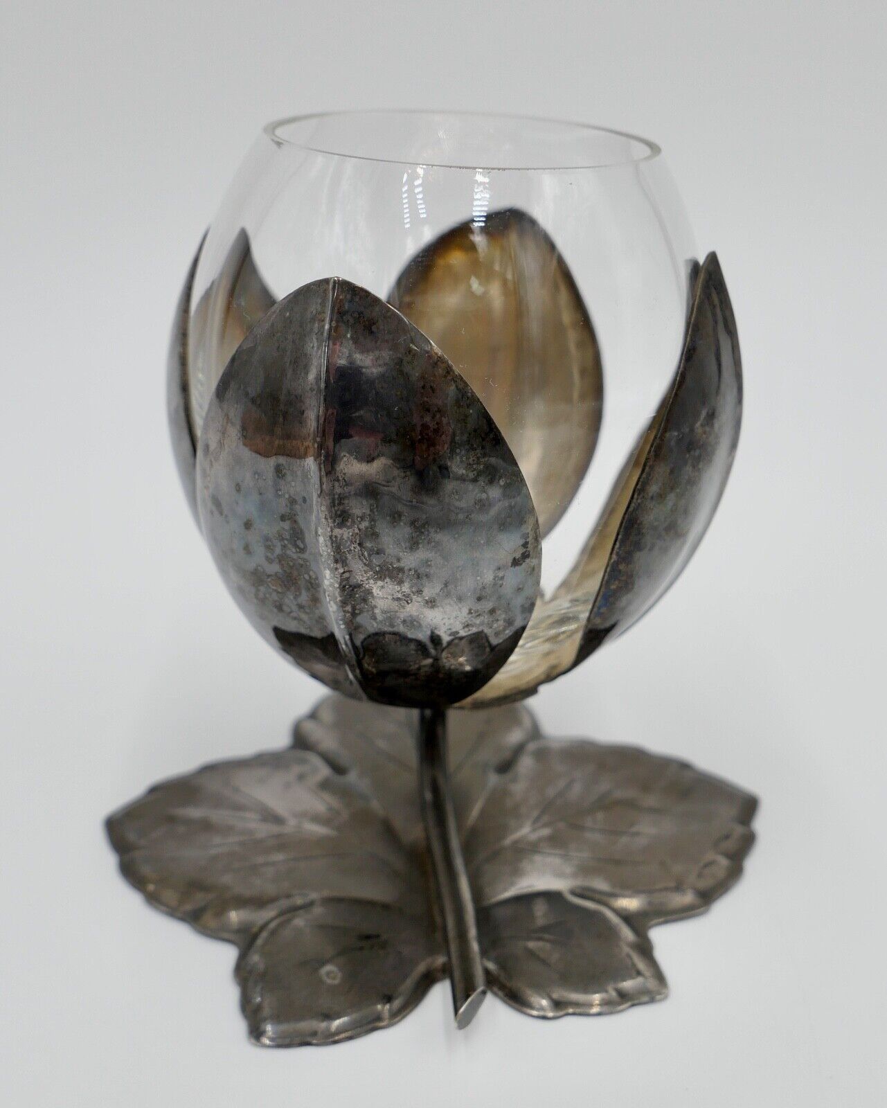 Becher Weinglas mit Glaseinsatz QUIST ESSLINGEN versilbert Weinblatt Dekor - Antikhandel-Stuttgart