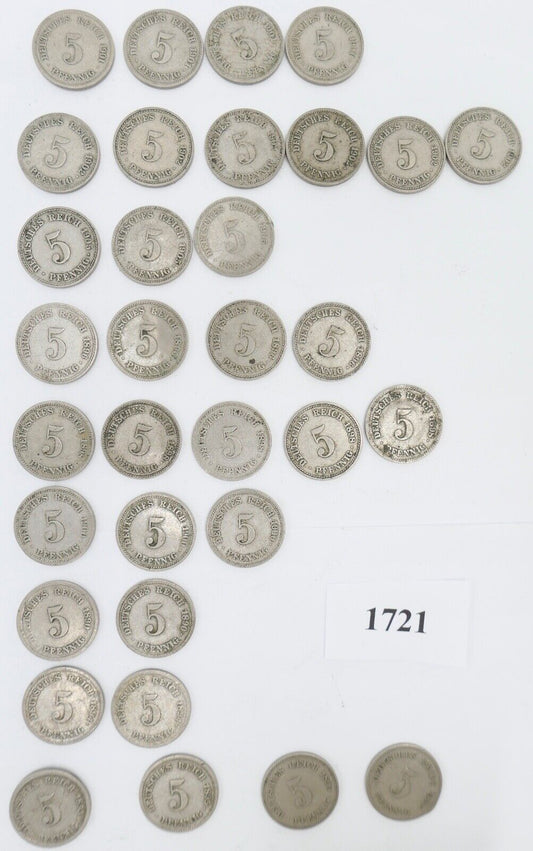 33x 5 Pfennig 1890 - 1905 A D E F G J großer Adler Jäger J.12 ss - stg - Antikhandel-Stuttgart