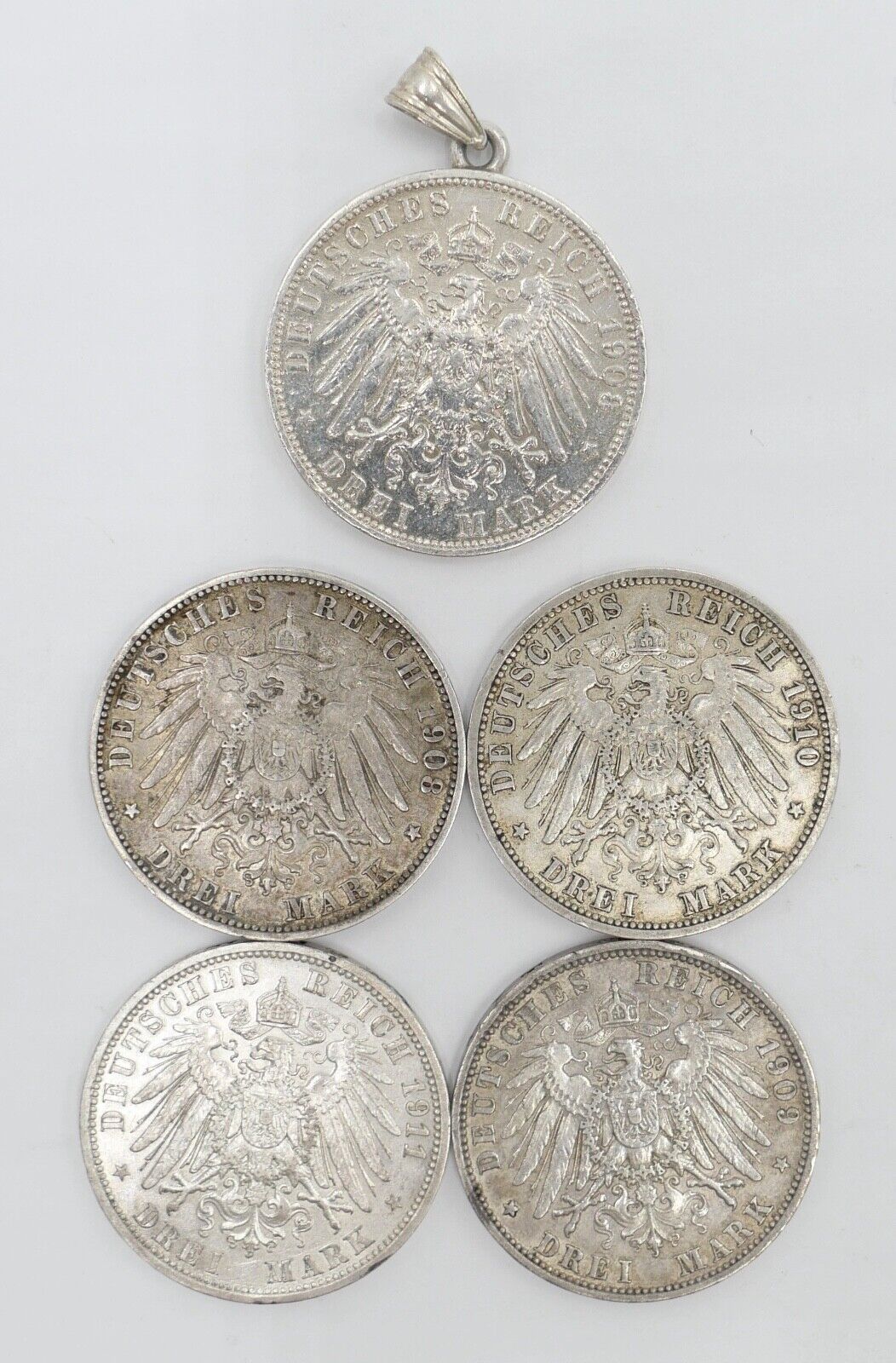 5 Stück 3 Mark 1908 Wilhelm II. Jäger J.103 Dt. Kaiserreich Silber Preussen - Antikhandel-Stuttgart