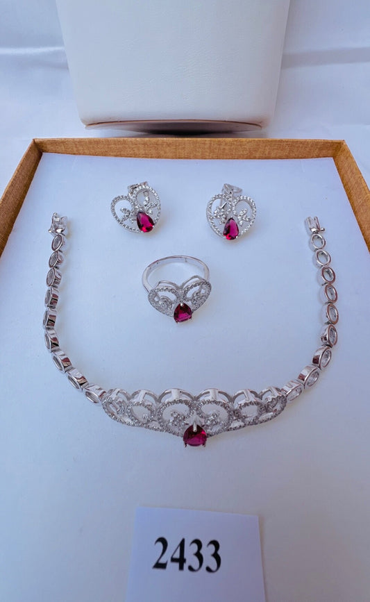 LUXURIÖSES 925 Silber Zirkonia Rubin Schmuck Set "Armband Ring Ohrringe Collier“ - Antikhandel-Stuttgart