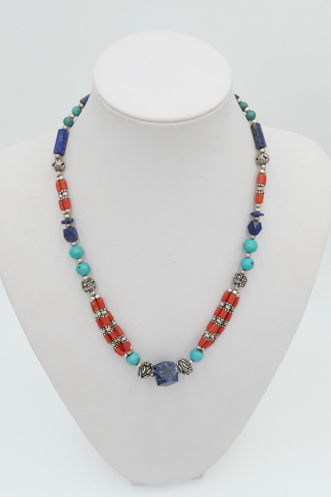 925 Silber Collier 47 cm mit Lapislazuli / Lapis / Türkis / Koralle - Antikhandel-Stuttgart