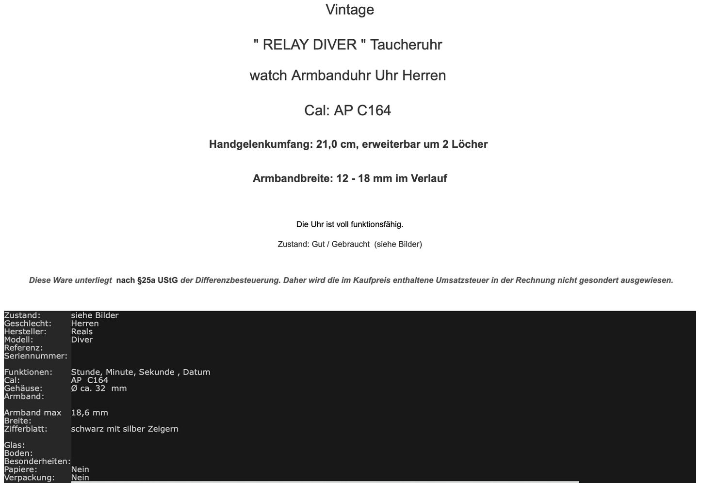 Vintage " RELAY DIVER " Taucheruhr watch Armbanduhr Uhr Herren Kal. cal AP C164 - Antikhandel-Stuttgart