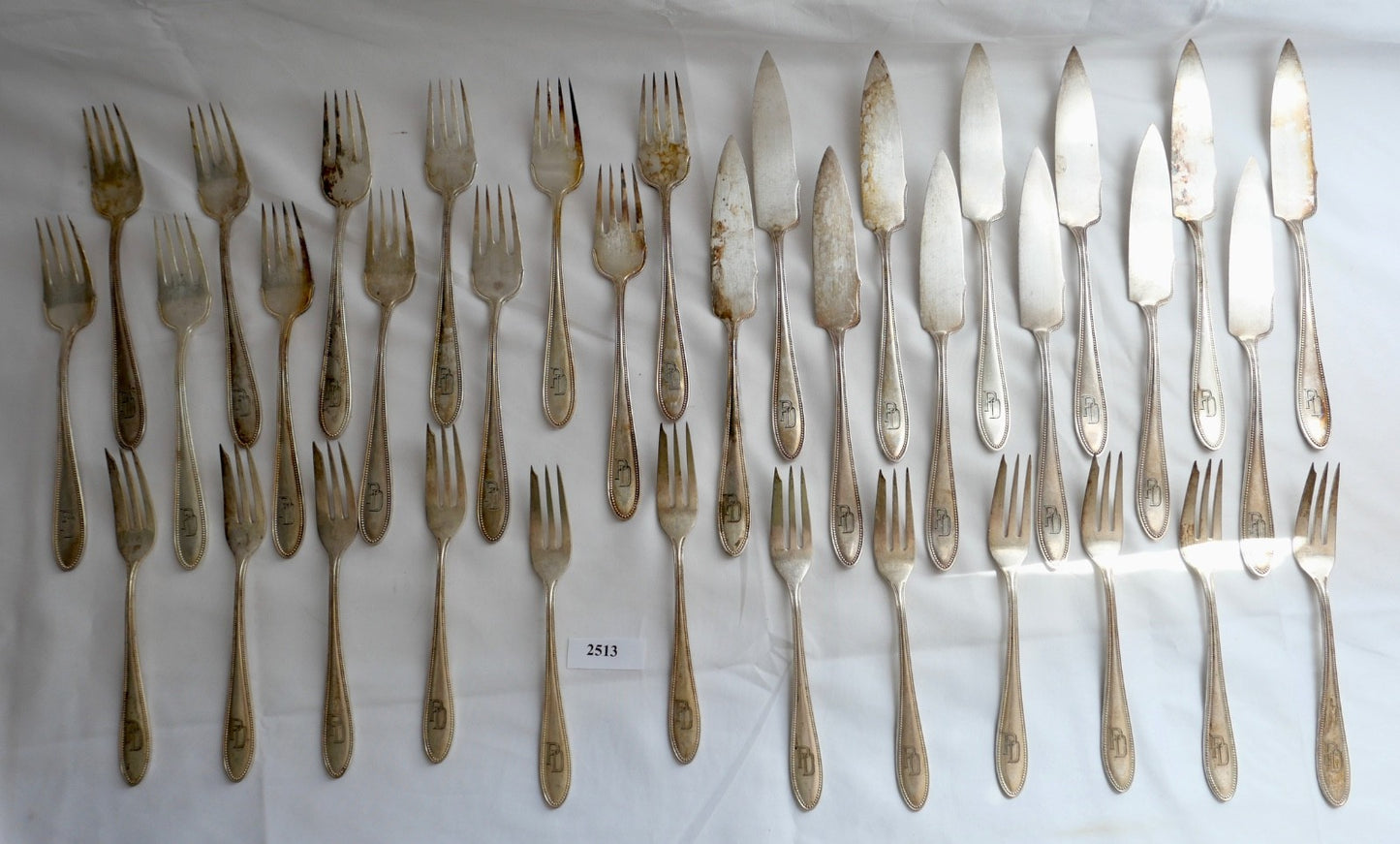 WMF G Perlrand 36 tlg. versilbert I/O Monogram PD um 1910 Straußen Fischbesteck