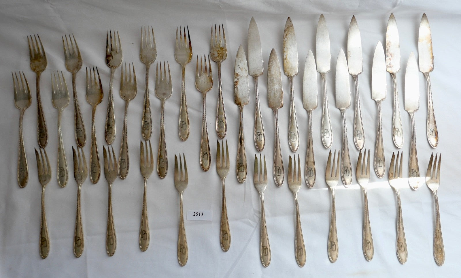 WMF G Perlrand 36 tlg. versilbert I/O Monogram PD um 1910 Straußen Fischbesteck