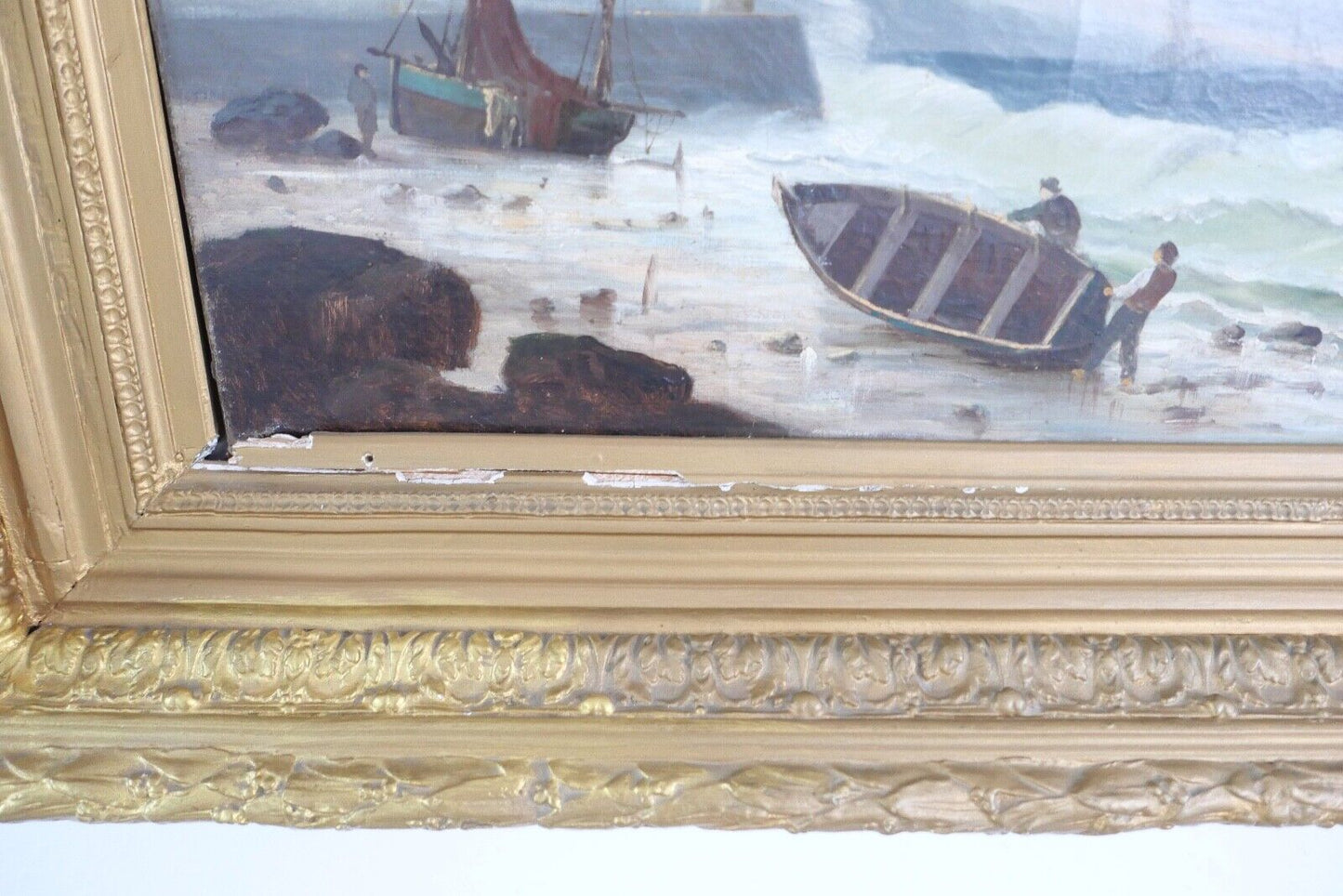 85,5 x 63 cm Gemälde Meer Schiffe Öl auf Leinwand Goldrahmen Prunkrahmen - Antikhandel-Stuttgart