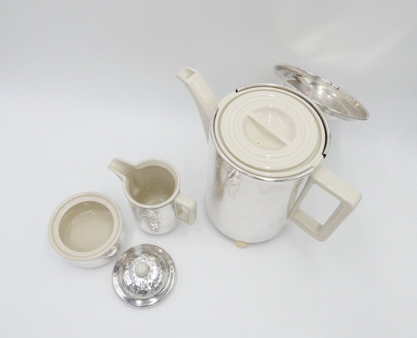 Kaffeekern WMF HUTSCHENREUTHER Kaffeekanne Milchkännchen Zuckerdose gehämmert - Antikhandel-Stuttgart