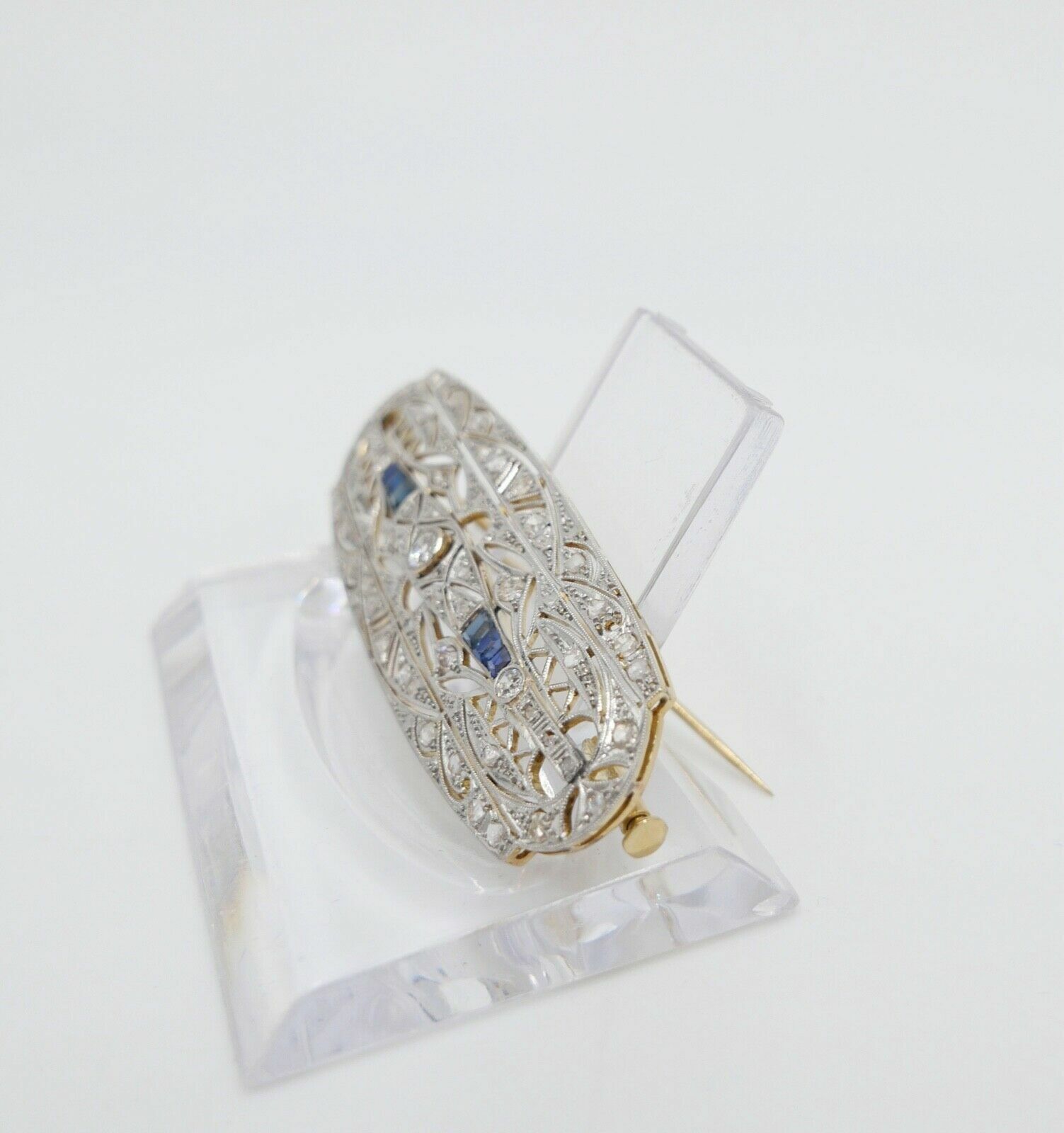 Art Deco 20er Brosche Gold Platin mit 6 Saphiren 55 Diamanten 1,8 Ct 750 18K - Antikhandel-Stuttgart